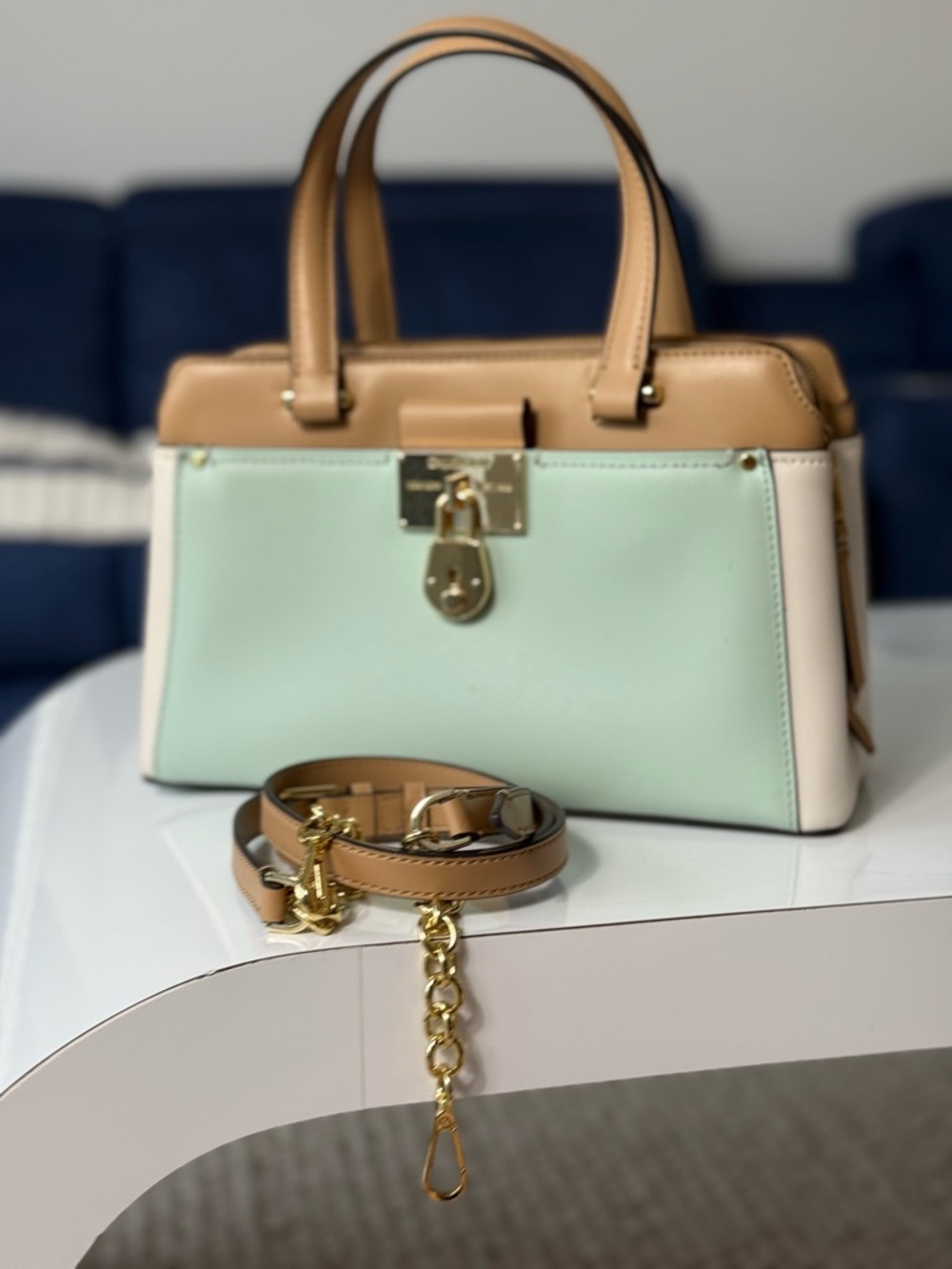 Calvin Klein Camille Lock Satchel Beige/Mint Green - Picture 2 of 16